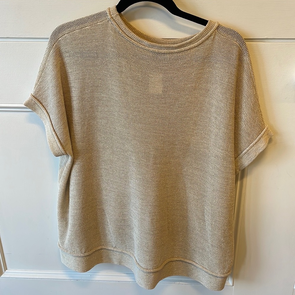 Brunello Cucinelli sparkly tan loose sheer knit Tee.